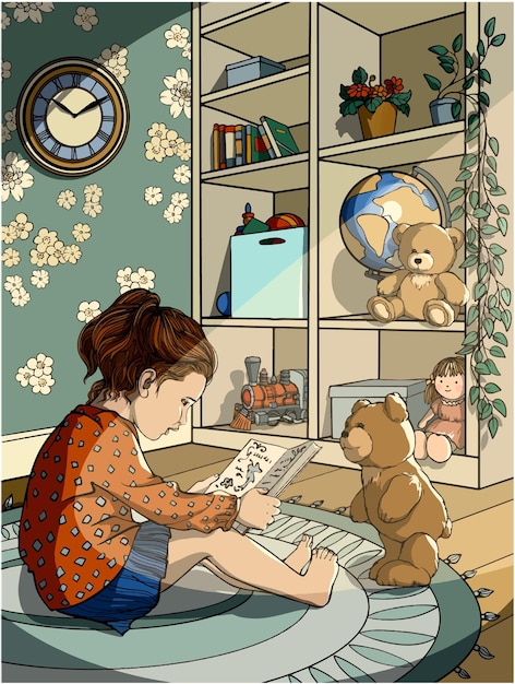Chica leyendo un libro a una ilustración de color de vector de oso de peluche para un libro para niños