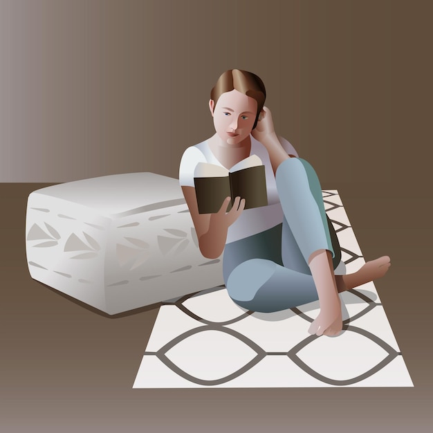 Chica leyendo un libro con placer descansando en la ilustración de vector de piso