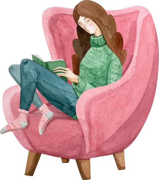 Vector chica leyendo en una silla. pintado en acuarela sobre un fondo blanco.