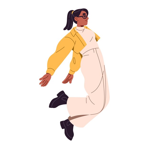 La chica libre vuela en el aire la libertad la mujer feliz salta de alegría se divierte el empleado positivo celebra el éxito del negocio se regocija en la victoria de la victoria ilustración de vector aislado plano sobre fondo blanco