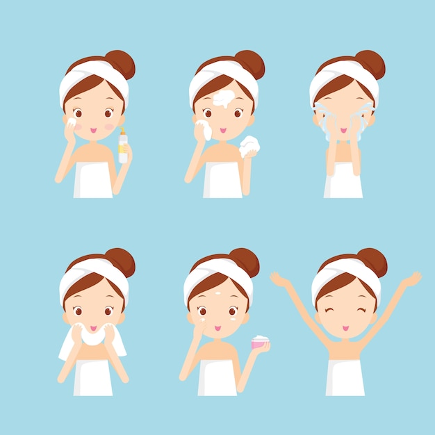 Chica limpiando y cuidando su rostro con diversas acciones