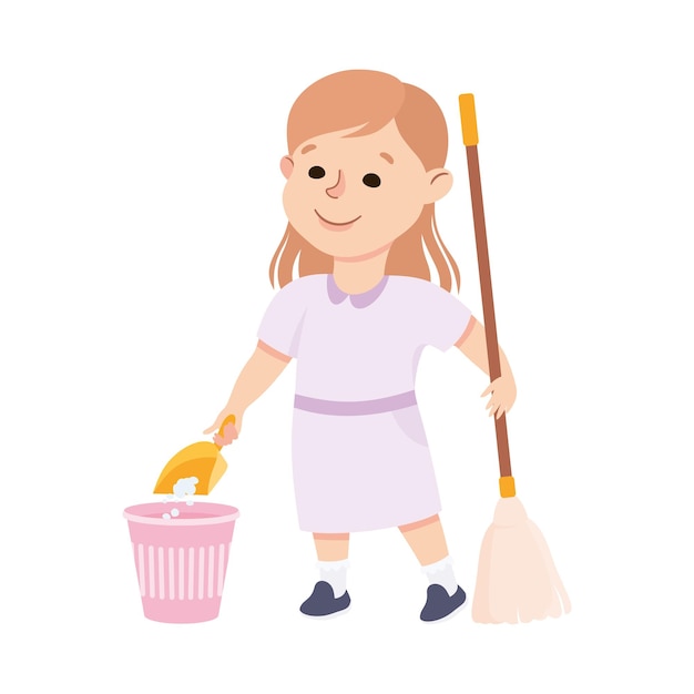 Chica linda barriendo el suelo con escoba y cuchara Niño ayudando a sus padres con las tareas domésticas o haciendo tareas domésticas Ilustración vectorial de estilo dibujos animados