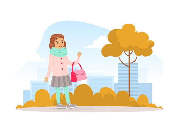 Vector chica linda caminando con bolsa en otoño parque de la ciudad niño actividad al aire libre ilustración vectorial de dibujos animados