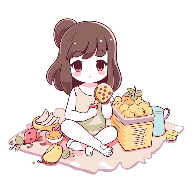 Una chica linda comiendo galletas y haciendo un picnic.