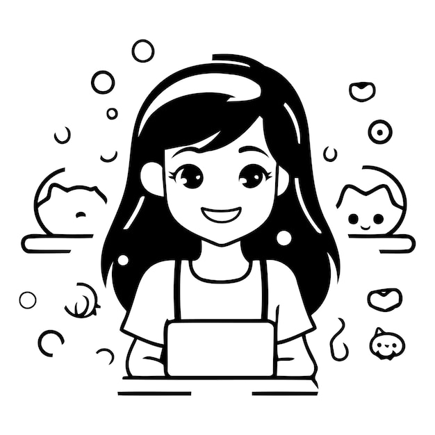 Chica linda con una computadora portátil Ilustración vectorial al estilo de dibujos animados