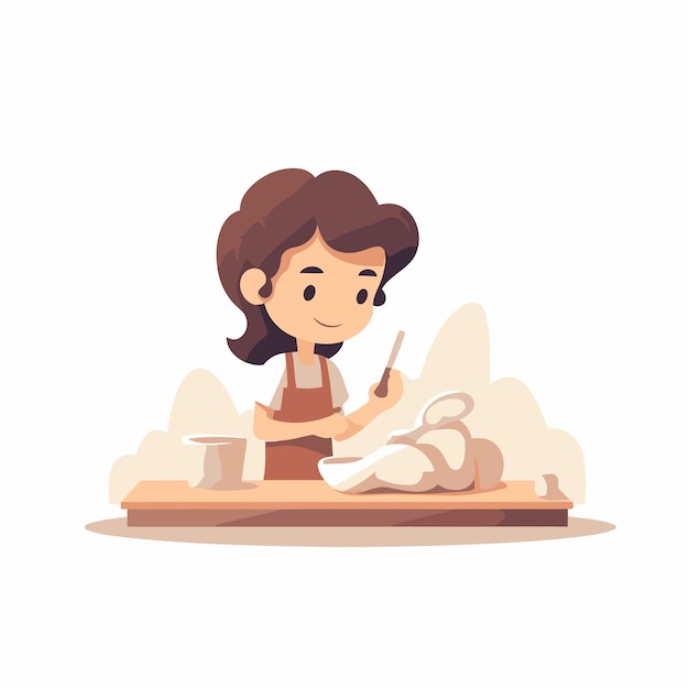 Chica linda en delantal dibujando con pincel en una mesa de madera ilustración vectorial