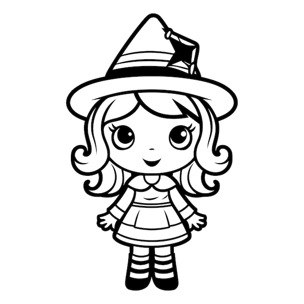 Chica linda con un disfraz de bruja Ilustración vectorial en blanco y negro