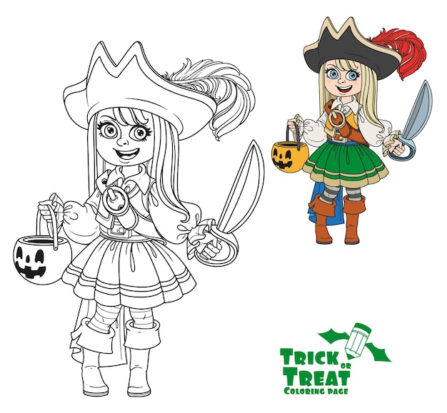 Chica linda en disfraz de pirata con una bolsa de calabaza para dulces truco o tratar el color y delineado para página de colorear