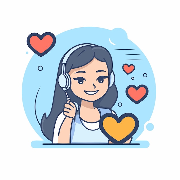 Chica linda escuchando música con auriculares y corazones Ilustración vectorial