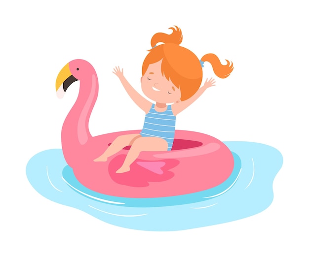 Vector chica linda flotando en un anillo de natación de flamenco inflable actividades de verano para niños niño adorable divirtiéndose en la playa en vacaciones ilustración vectorial de dibujos animados