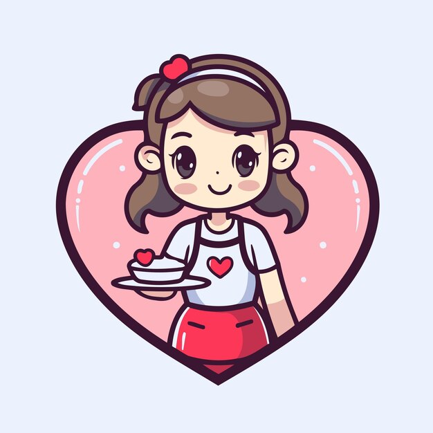 Vector chica linda en forma de corazón sosteniendo un plato de pastel ilustración vectorial