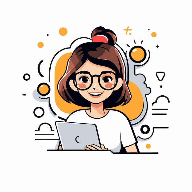 Chica linda con gafas y portátil en la mano Ilustración vectorial