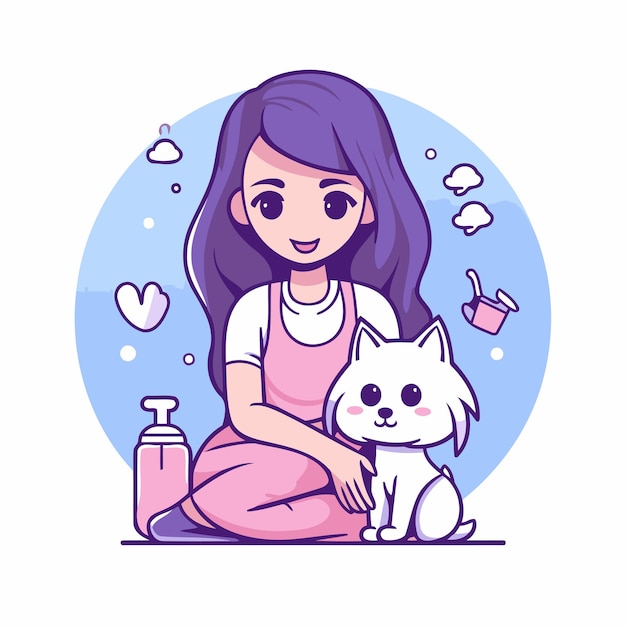 Vector chica linda con gato blanco ilustración vectorial al estilo de dibujos animados