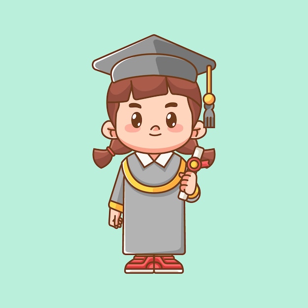 Una chica linda de la graduación tiene un certificado kawaii chibi personaje mascota ilustración estilo de contorno