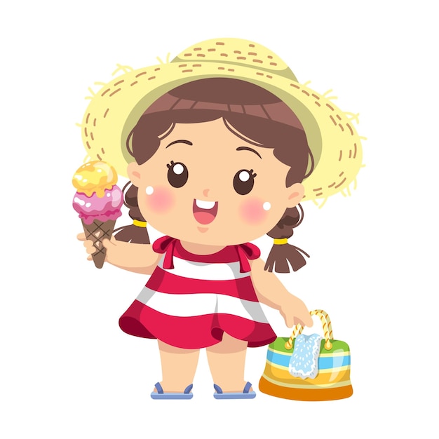 Chica linda con helado en las vacaciones de verano