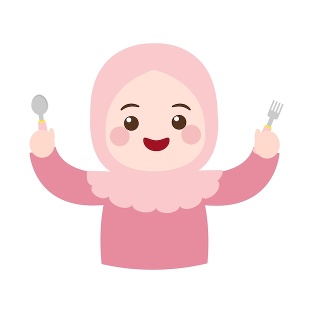 Vector chica linda con hijab con cuchara y tenedor