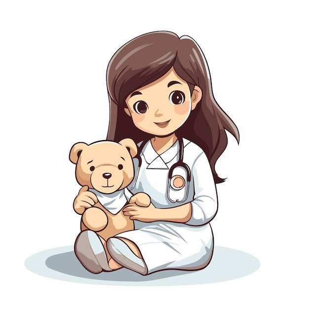 Vector chica linda jugando al doctor con un oso de peluche ilustración vectorial