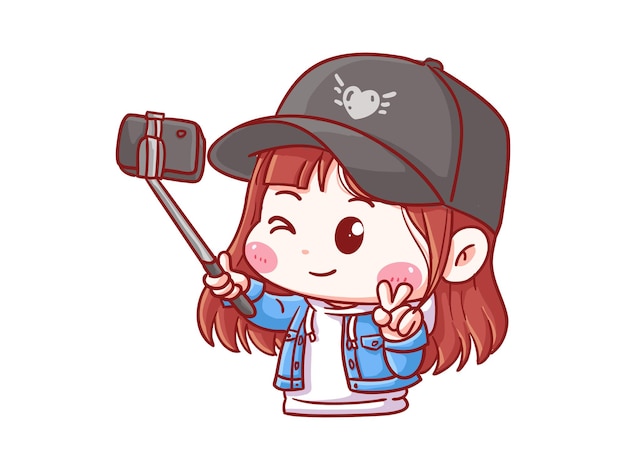 Chica linda y kawaii toma una foto con Selfie Stick Manga Chibi