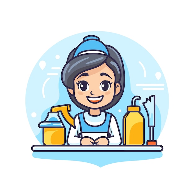 Vector chica linda lavando platos en la cocina ilustración vectorial en un estilo plano