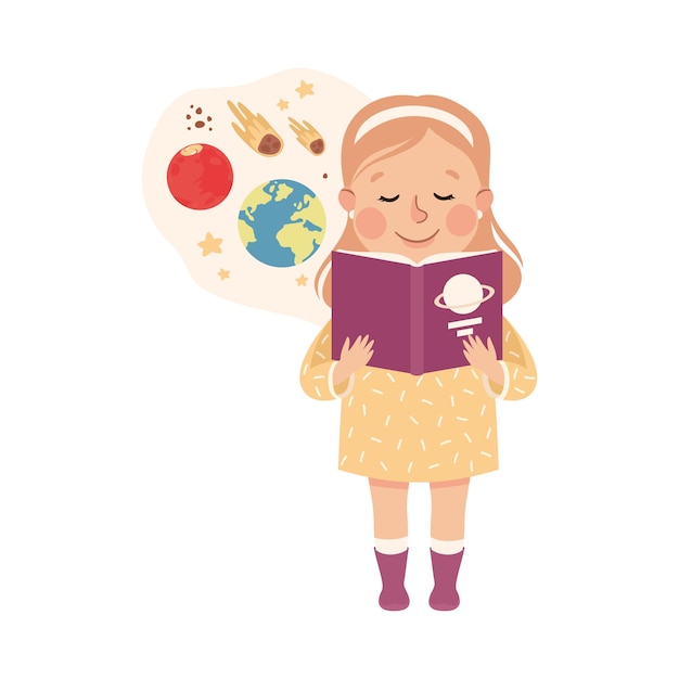 Chica linda con lección de astronomía Estudiante de escuela primaria leyendo libro sobre planetas Niños Educación Concepto Ilustración vectorial de dibujos animados