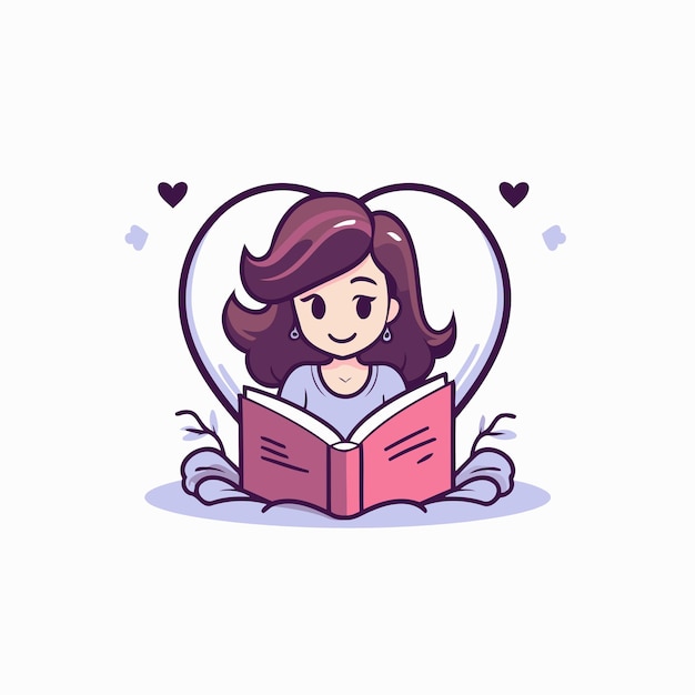 Vector chica linda leyendo un libro en un corazón ilustración vectorial