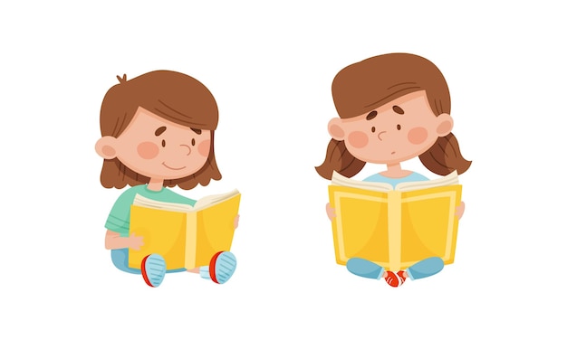 Chica linda leyendo libros establece estudiantes de escuela primaria con libros niños educación vector de dibujos animados