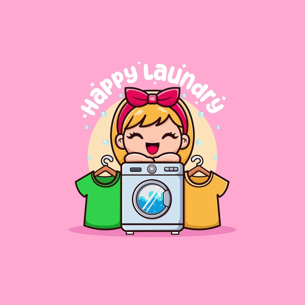 Chica linda con la mascota de la lavadora para el logotipo de la lavandería