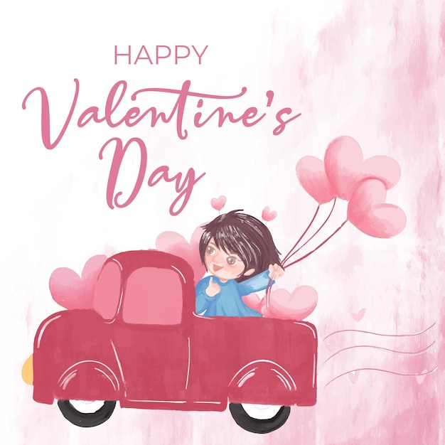 Vector chica linda montando en coche amor traer regalo de san valentín vector de estilo acuarela