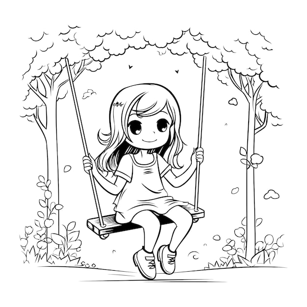 Chica linda montando un columpio en el parque Ilustración vectorial