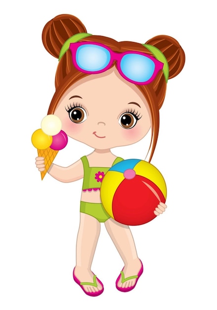 Vector chica linda con una pelota de playa y un helado