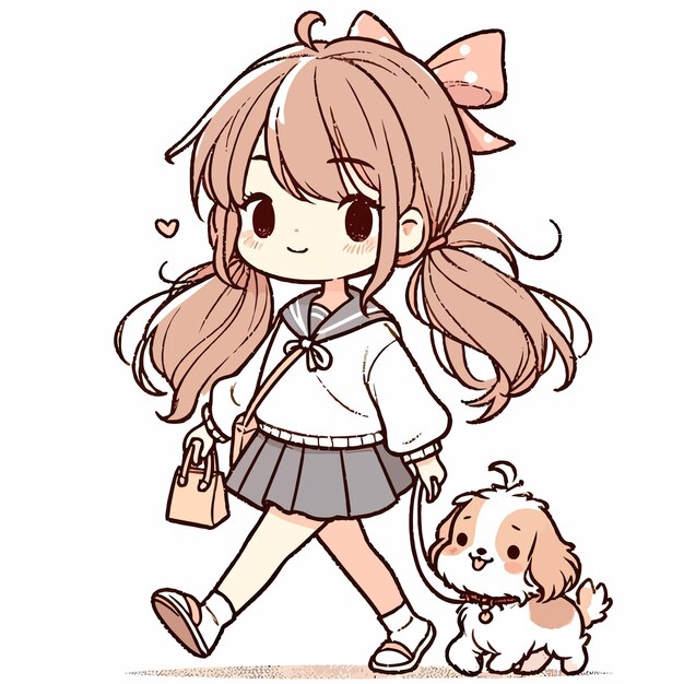 Vector chica linda con un perro pequeño