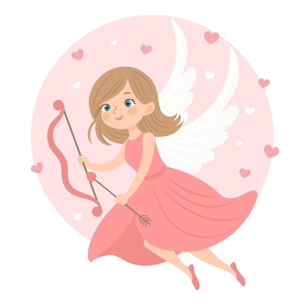 Chica linda personaje de Cupido con arco y flecha niña ángel tarjeta de San Valentín colores pastel