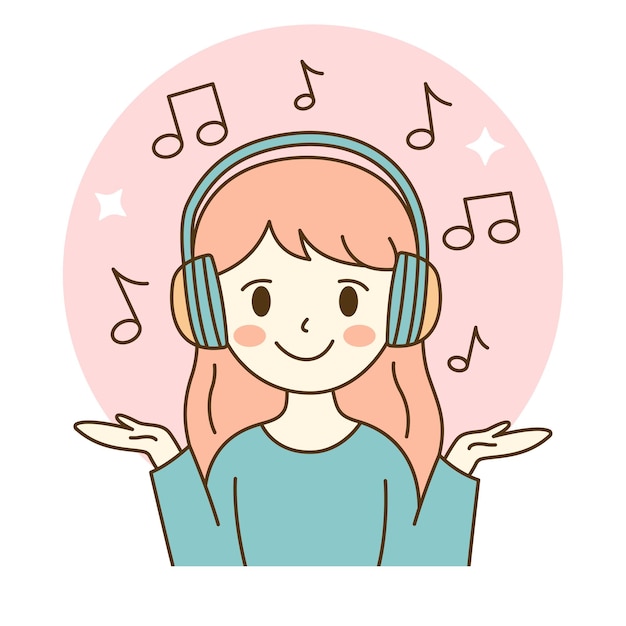 Chica linda personaje de dibujos animados escuchando música usando auriculares