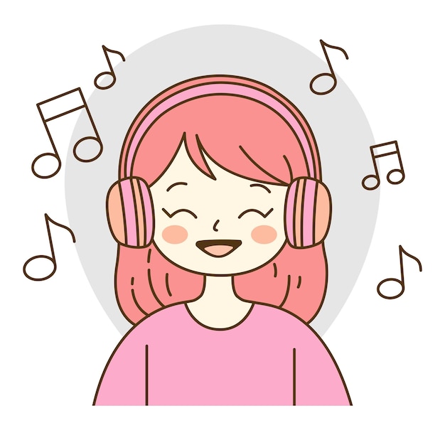 Chica linda personaje de dibujos animados escuchando música usando auriculares