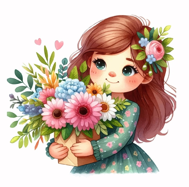 Vector chica linda con un ramo de flores ilustración vectorial