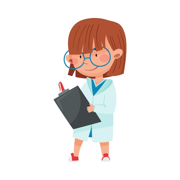 Chica linda con ropa médica de pie y sosteniendo una ilustración vectorial de clipboard