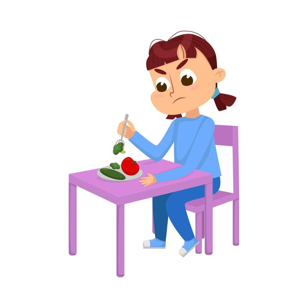 Chica linda sentada en la mesa y comiendo Niño no quiere comer verduras Ilustración vectorial al estilo de dibujos animados