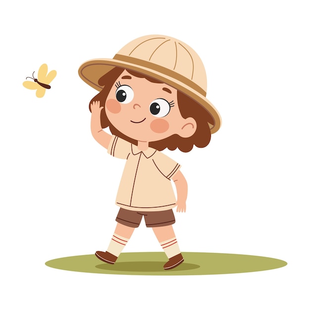 Chica linda con sombrero de safari con vector de mariposa Ilustración personaje de dibujos animados de chica exploradora