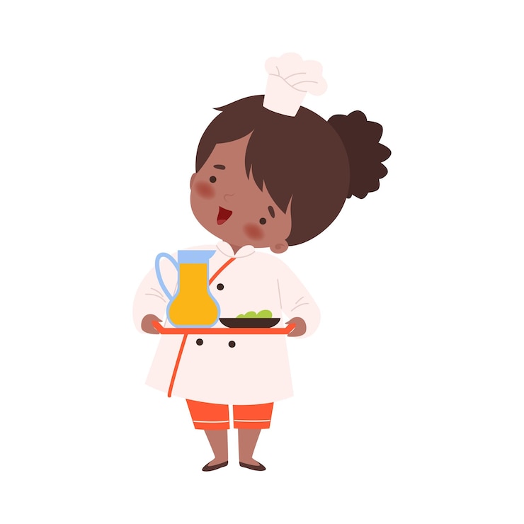 Vector chica linda sosteniendo una bandeja con una jarra de jugo pequeño personaje de chef lindo en uniforme cocinando en la cocina ilustración vectorial al estilo de dibujos animados