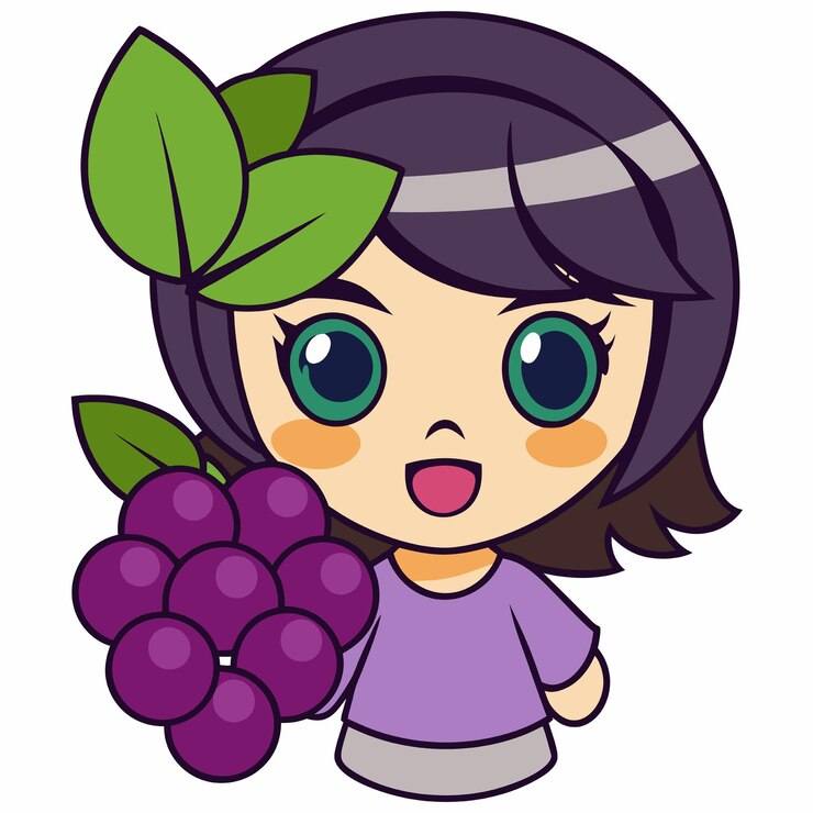 Vector chica linda sosteniendo uva icono de dibujos animados vectorial ilustración personas icono de frutas concepto aislado estilo de dibujo animado plano vectorial premium