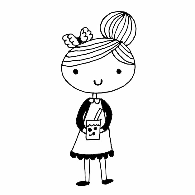 Chica linda con té helado dibujado a mano por un personaje de dibujos animados aislado
