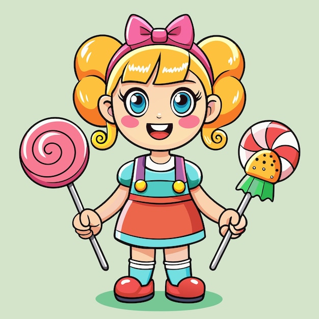 Chica linda con temas de dulces con coloridas piruletas Vector de dibujos animados