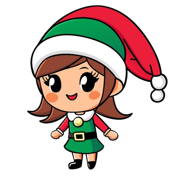 Chica linda en traje de Navidad dibujado a mano plano elegante pegatina de dibujos animados concepto de icono aislado