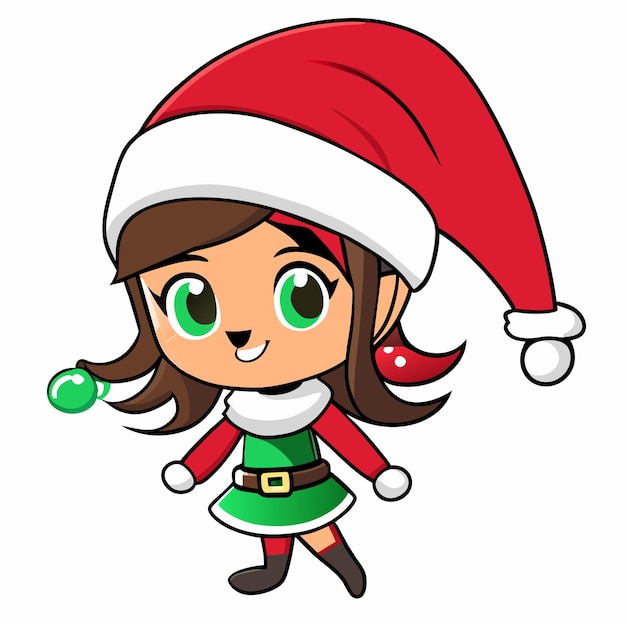 Chica linda en traje de Navidad dibujado a mano plano elegante pegatina de dibujos animados concepto de icono aislado