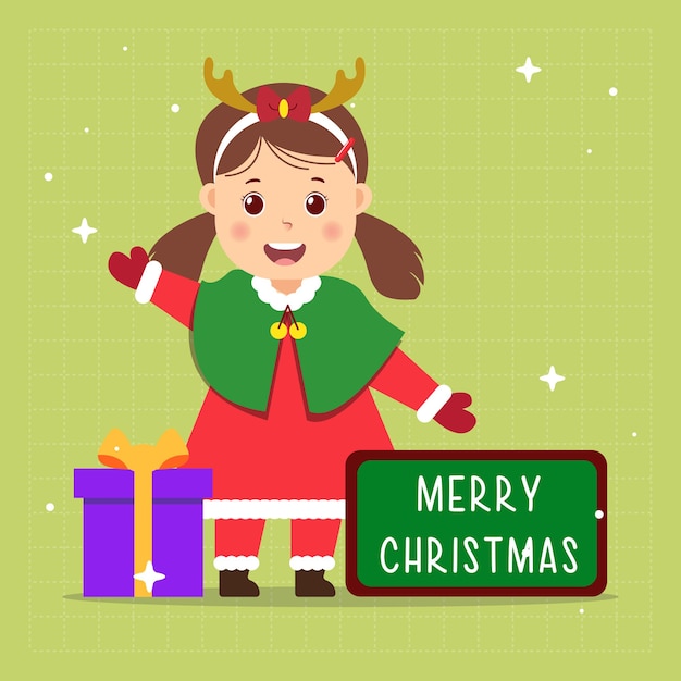 Chica linda con traje de Santa Claus Feliz Navidad Ilustración de arte de Kawaii