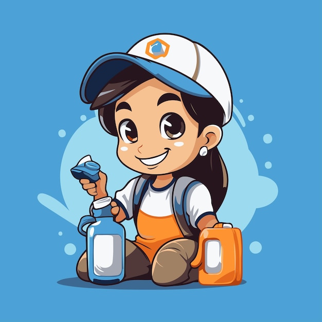 Vector chica linda en uniforme con una botella de spray ilustración vectorial