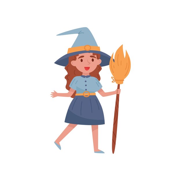 Chica linda vestida como una bruja de pie con una escoba vector Ilustración aislada sobre un fondo blanco