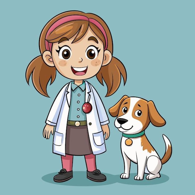 Chica linda vestida como veterinario con perro diseño vectorial de dibujos animados