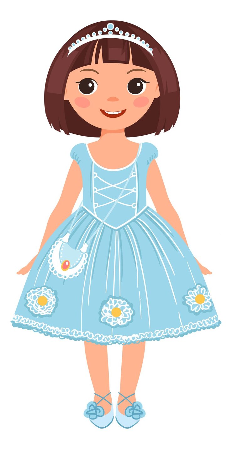 Vector chica en lindo vestido de verano azul y tiara princesa bonita