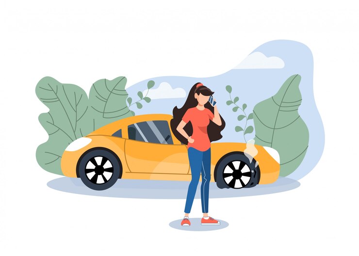 Vector chica llamando al auto / asistencia en carretera para pedir ayuda
